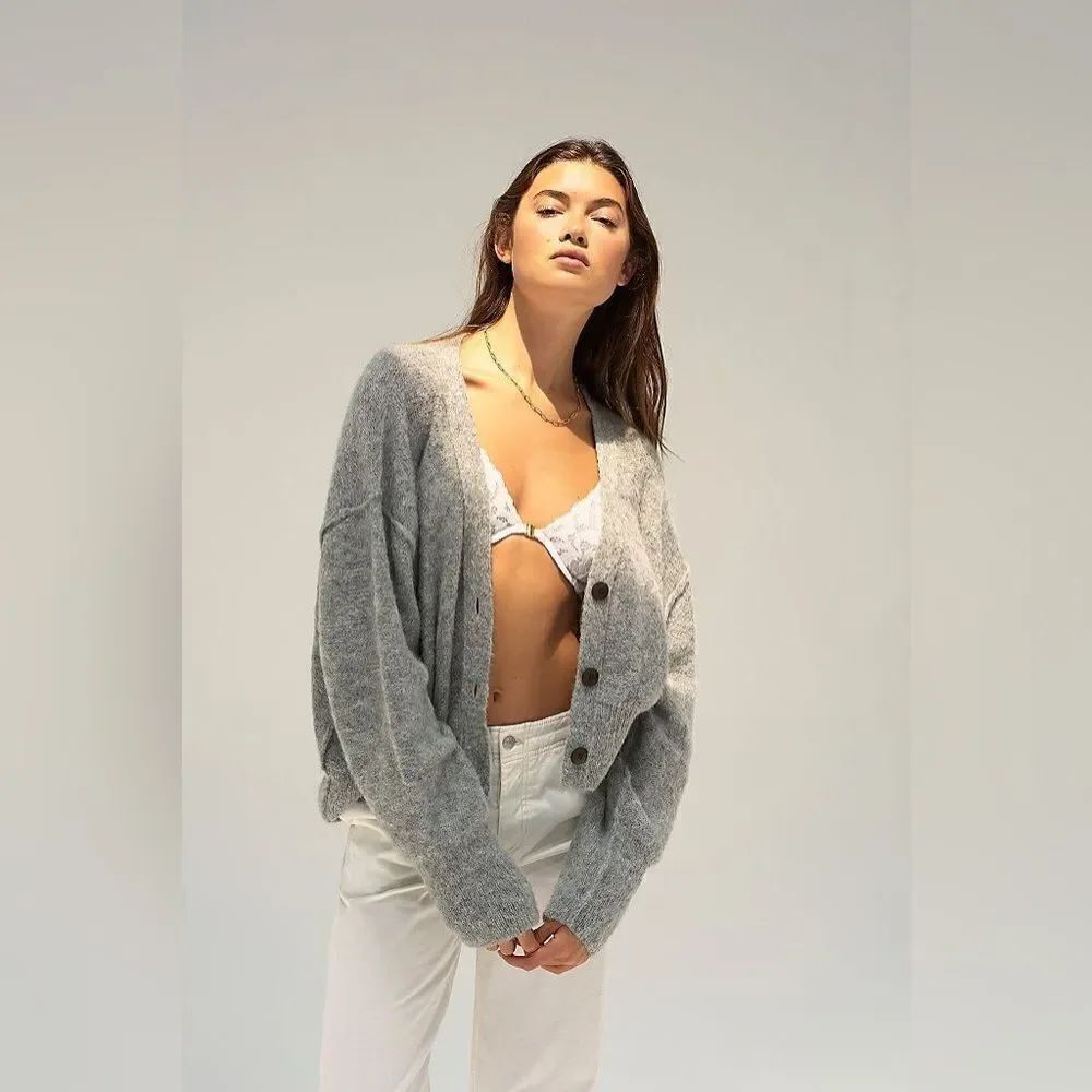 Free People Eclair Cardigan Gray Alpaca Cardi Button Oversized Cozy